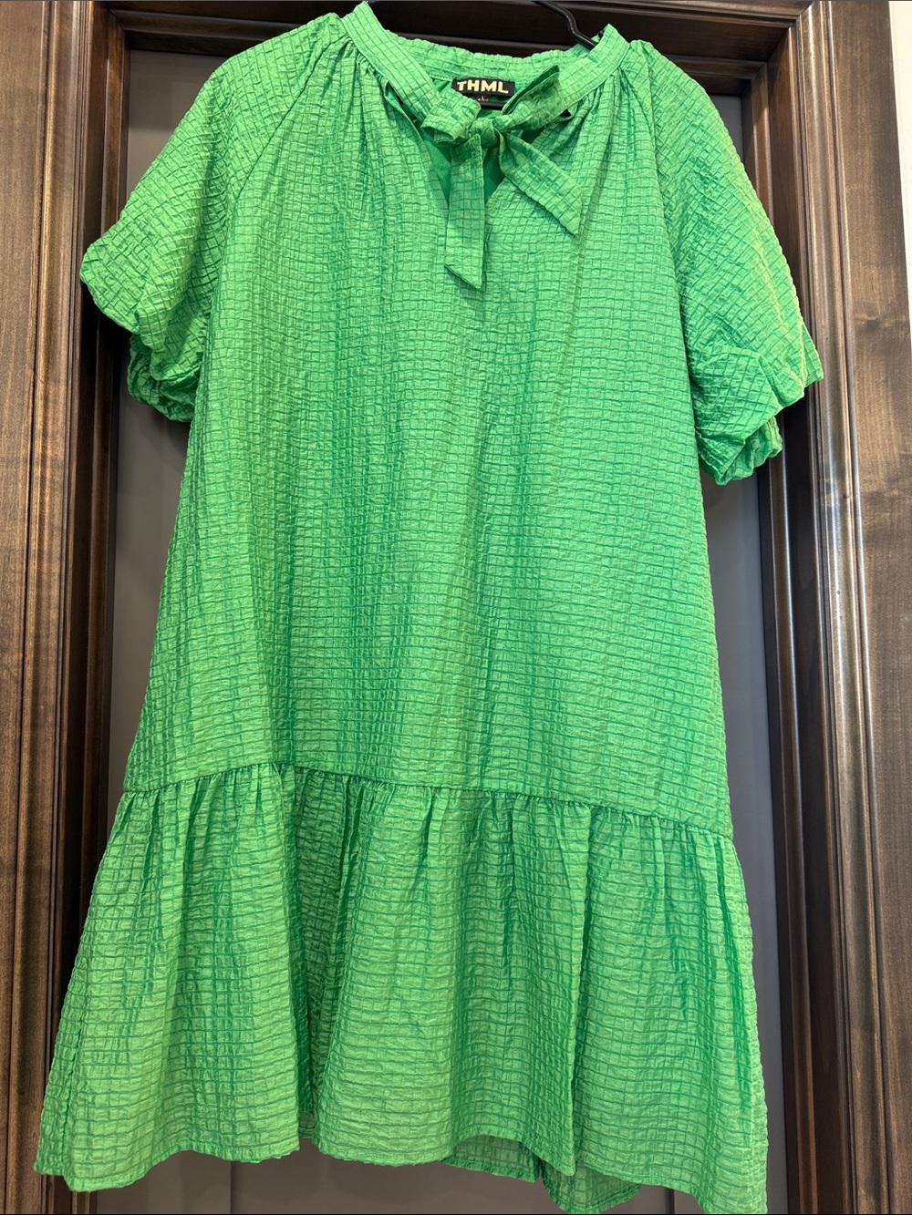 THML Bright Green Tie-Neck Ruffled Hem Dress - Picture 3 of 3